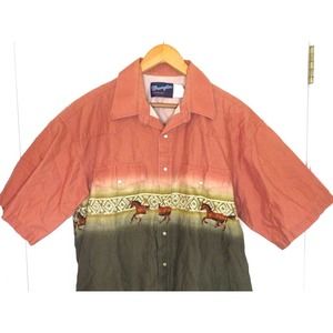 Vintage Wrangler Western Shirt Horses Pearl Snap Buttons Cowboy Men’s XL - Green